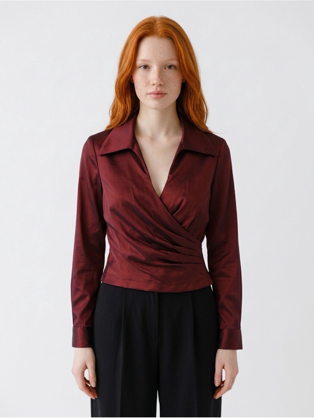 Cachet Satin Wrap Blouse in Wine